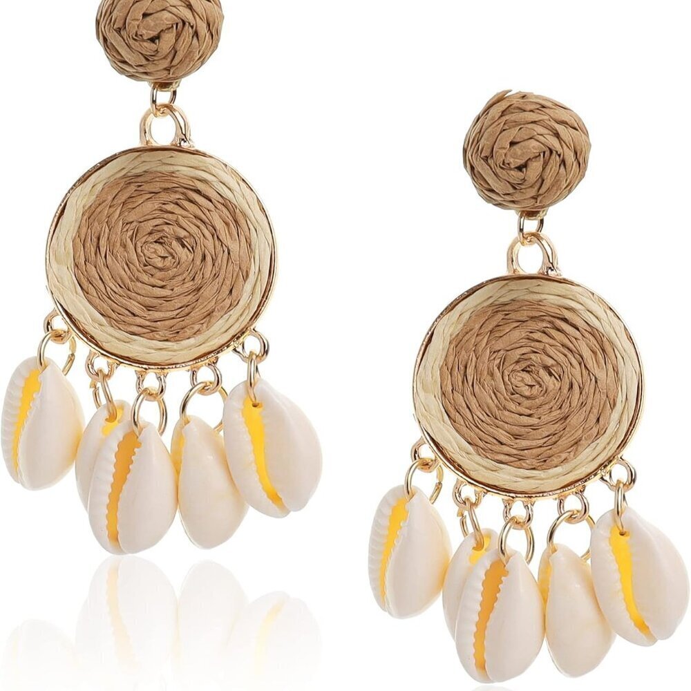Colorful Handmade Boho Raffia Shell Dangle Earrings for Women and Teens